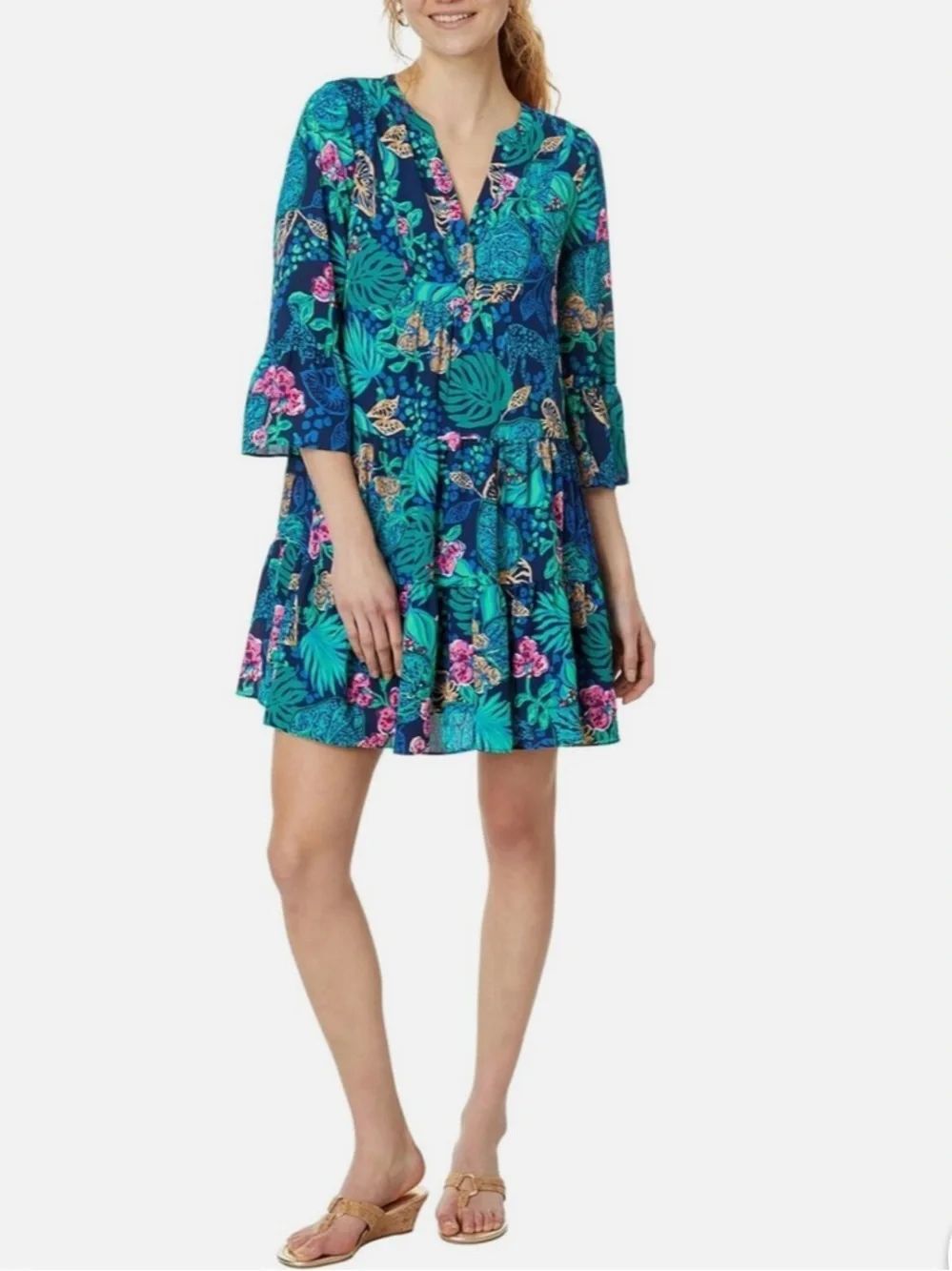 Lilly Pulitzer Tropical Floral Dress Ruffle Sleeve Resortwear Preppy Coastal 0